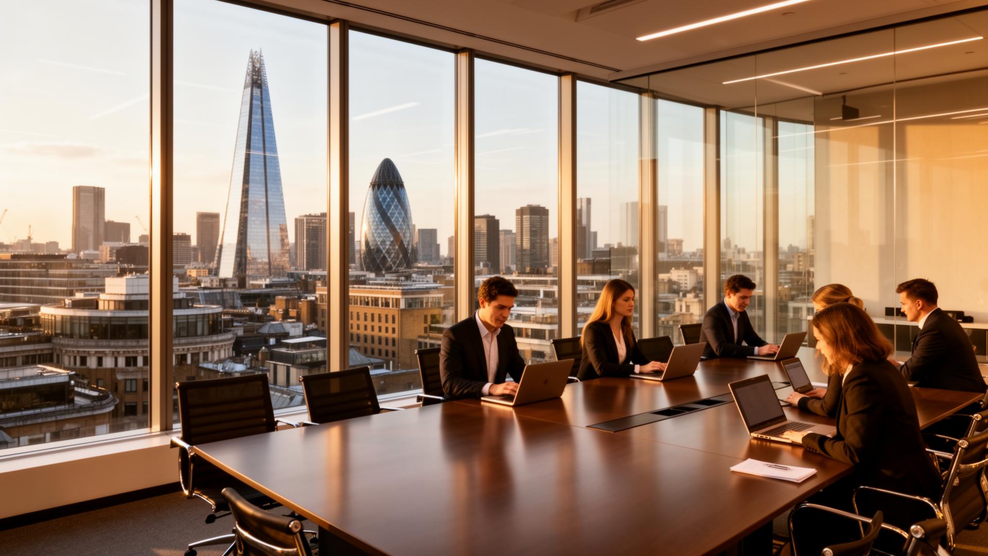 Business-Utility.com consultants working in our London office with a view of The Shard and the Gherkin